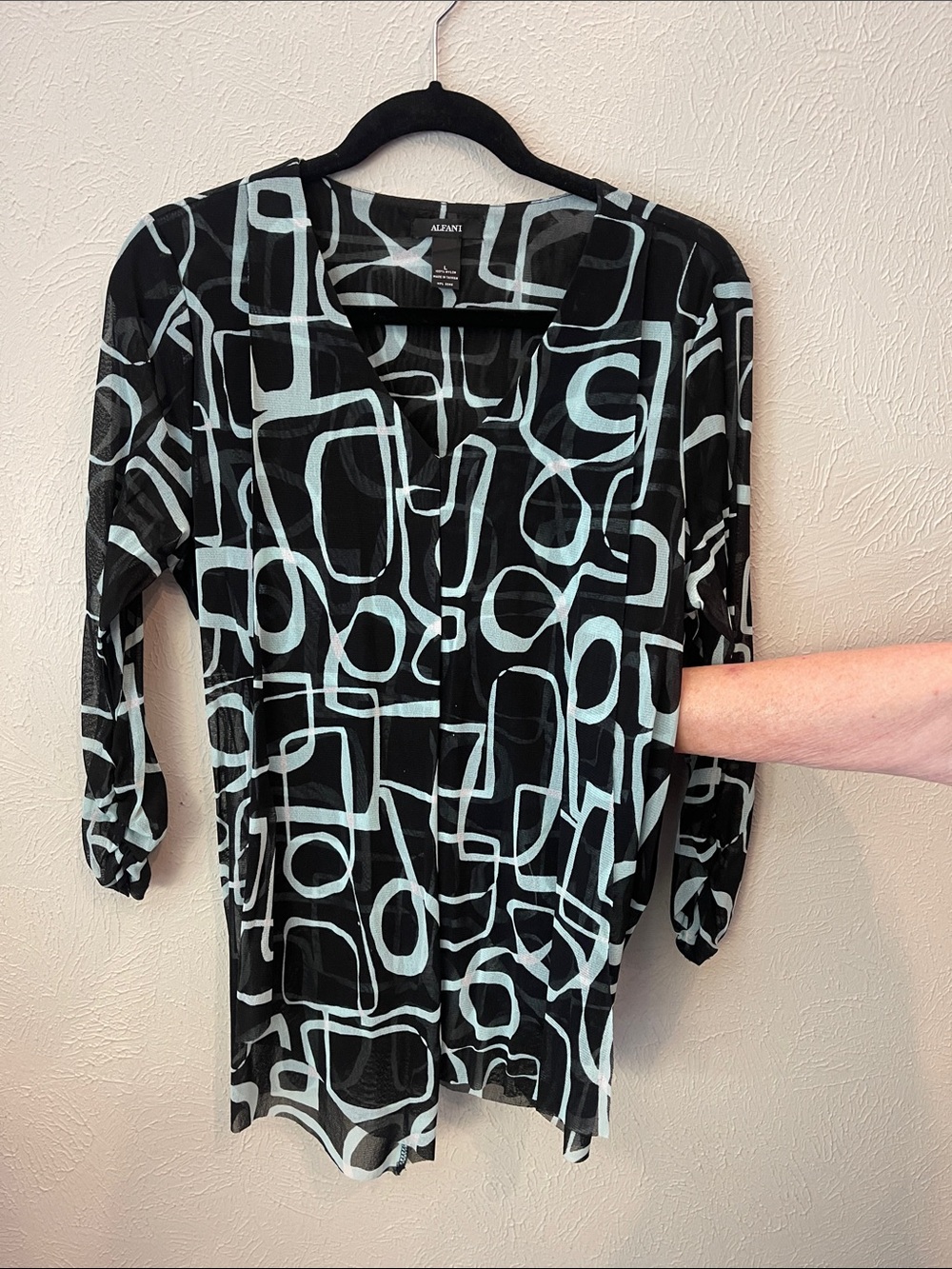 Alfani Black and Mint Geometric Long Sleeve Tunic. Womens size large.